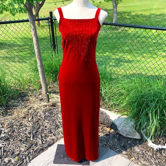 Vintage 90s Red Velvet Maxi Slip Dress Square Neck Glitter Side Slit Long Gown - Picture 1 of 16